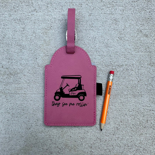Personalized Leatherette Golf Bag Tag with 3 Wooden Tees