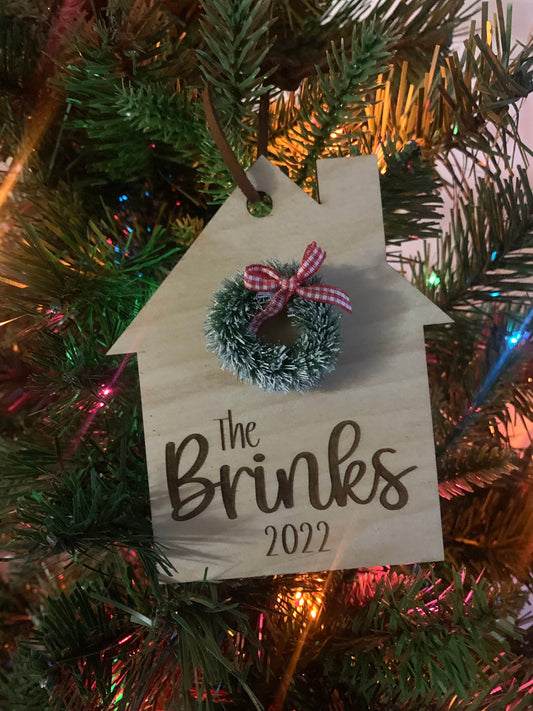 Personalized House Ornament with Wreath